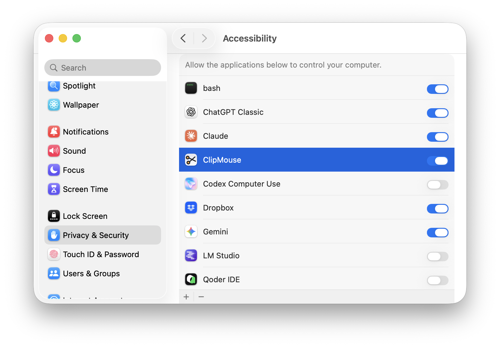 System Settings → Privacy & Security → Accessibility: включить тумблер ClipMouse (скриншот английской системы)