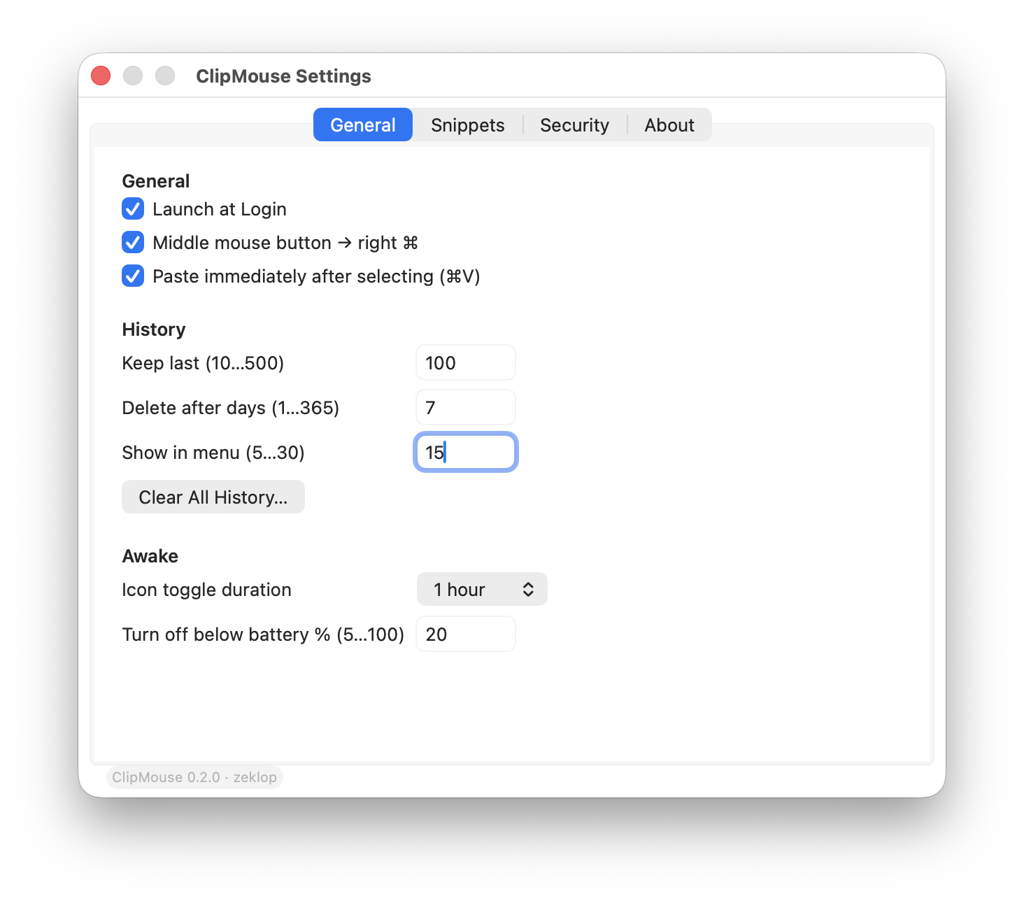 ClipMouse — settings window, General tab